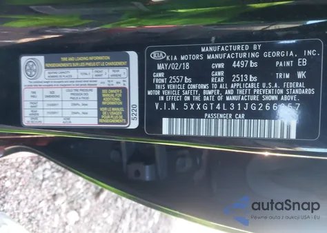 2018 Kia Optima Lx из США, поврежденный, VIN 5XXGT4L31JG266257